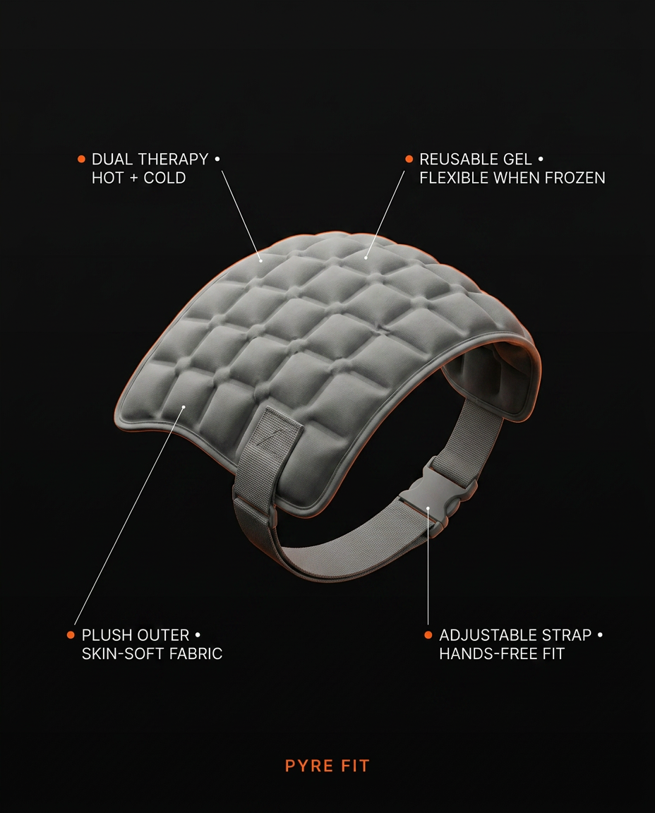 Infographic with dual massage, reusable gel and adjustable strap callouts on the pad