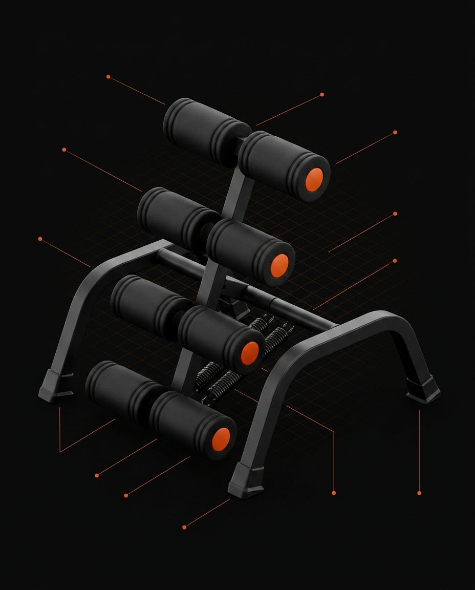 Tech specs diagram of the back stretch bench with feature callouts on a grid