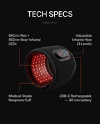 Tech specs for the wrist strap: red light red, red light infrared LEDs and heat