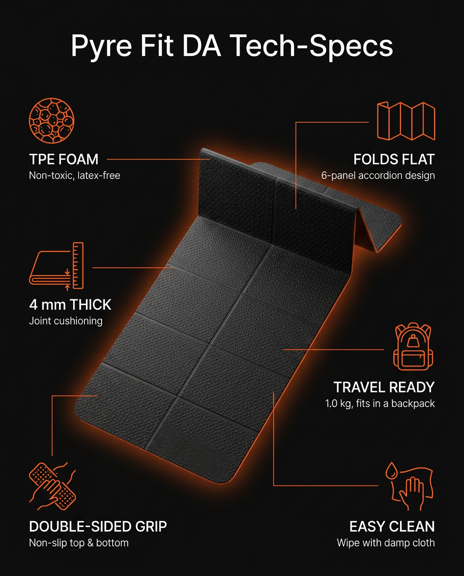 Yoga mat specs: TPE foam, 4 mm thick, folds flat, double-sided grip
