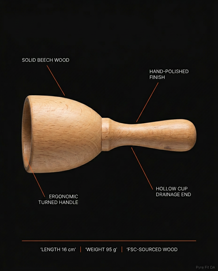 Infographic labeling beech wood, polished finish and hollow cup features