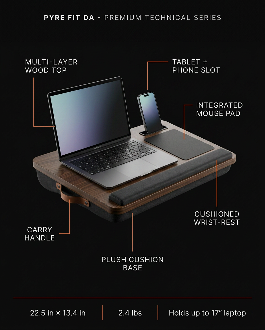 Spec graphic labeling the lap desk's wood top, device slot and mouse pad