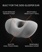 Spec callouts for the ear pillow: memory foam, mesh cavity, washable cover