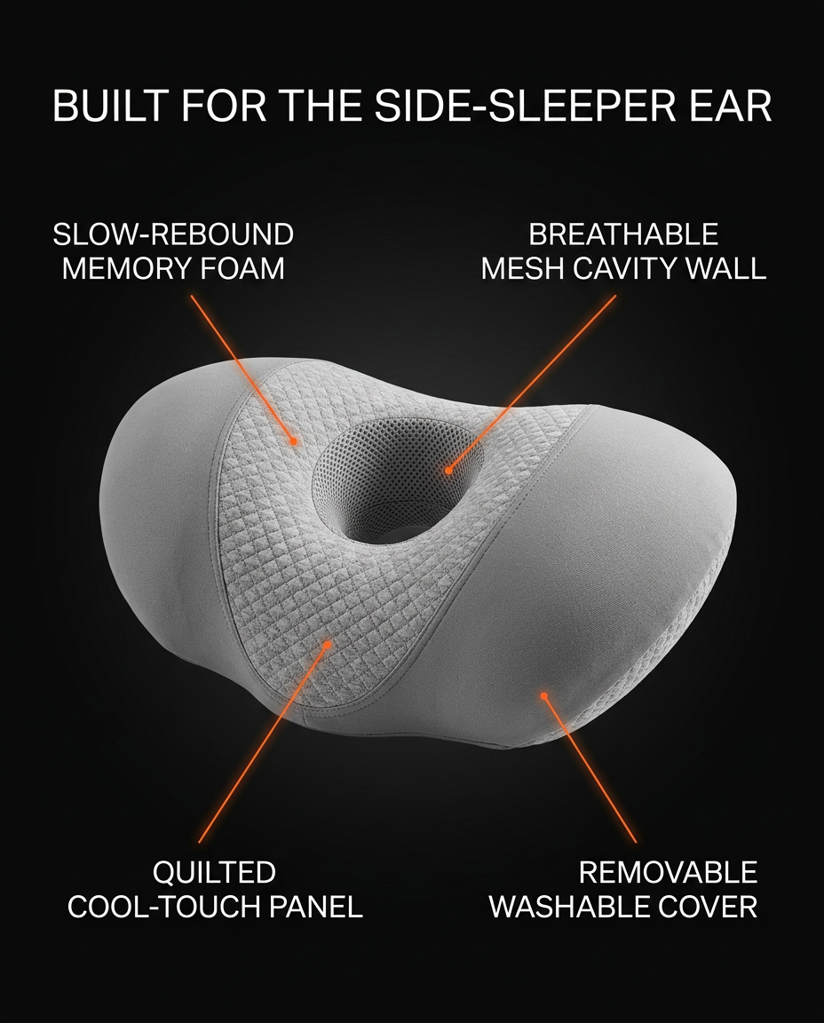 Spec callouts for the ear pillow: memory foam, mesh cavity, washable cover