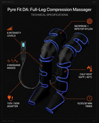 Tech specs of the leg massager: 6 intensity levels, 4 modes, calf heat, timer