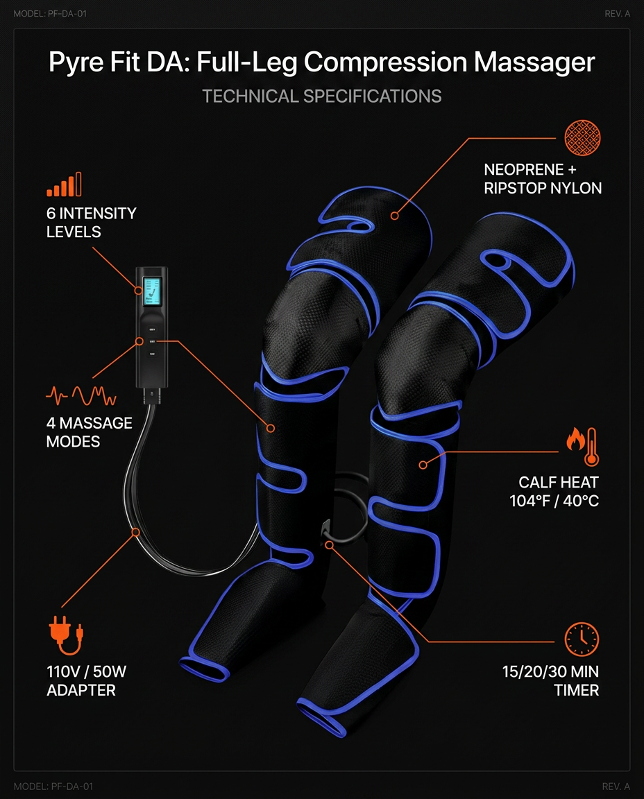 Tech specs of the leg massager: 6 intensity levels, 4 modes, calf heat, timer