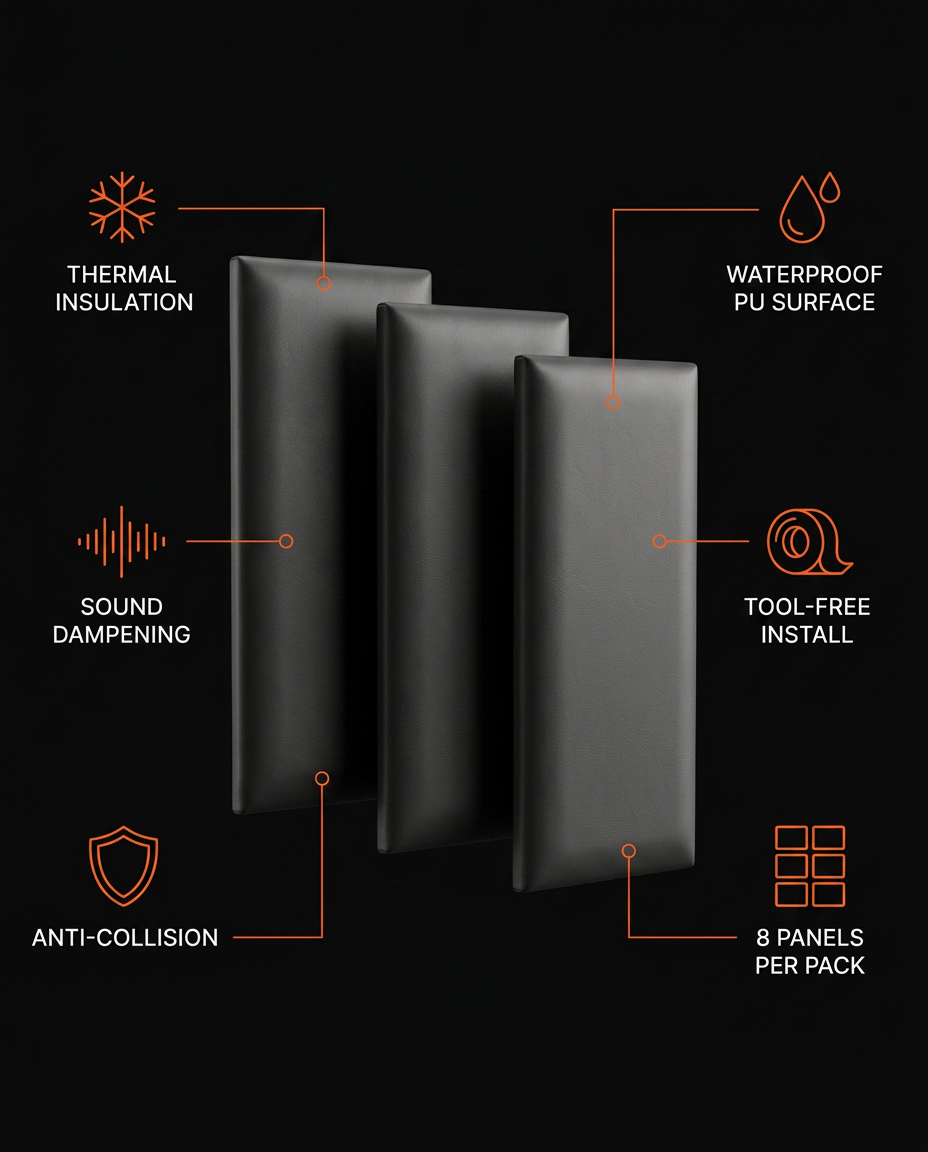Tech specs infographic of the upholstered wall panels with feature icons