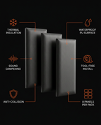 Tech specs infographic of the upholstered wall panels with feature icons