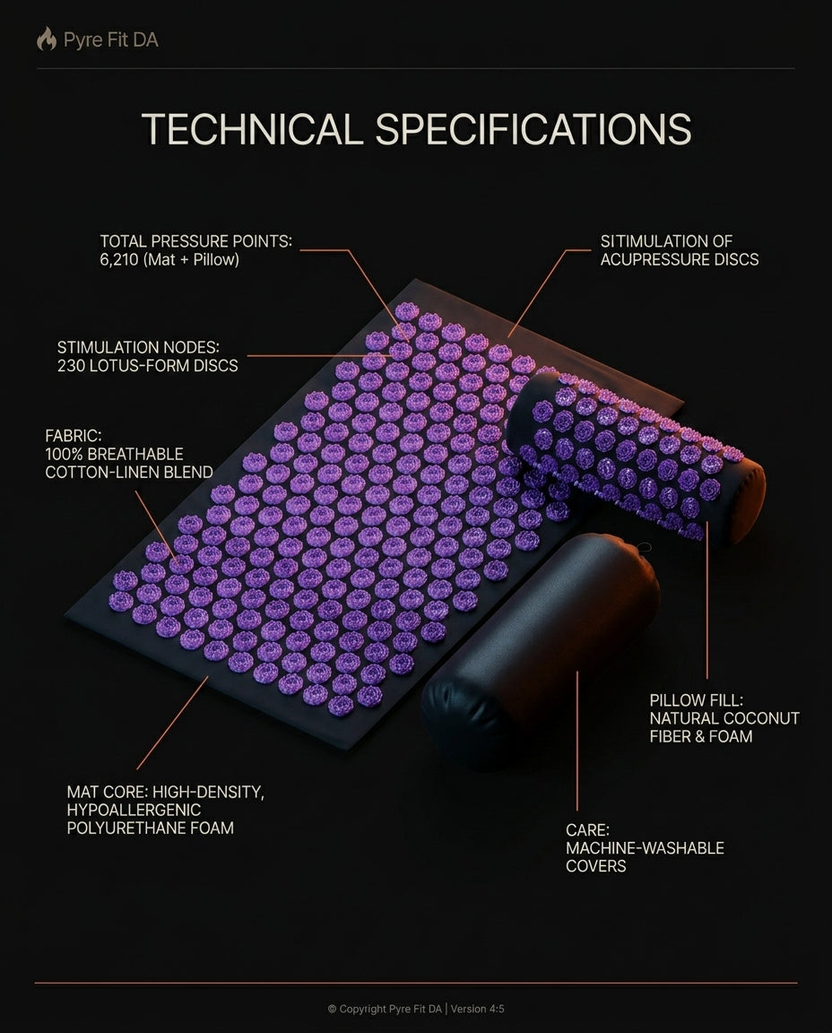 Technical specs infographic for the acupressure mat and pillow set