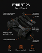 Foot brace specs: neoprene shell, dorsiflexion straps, memory-foam heel