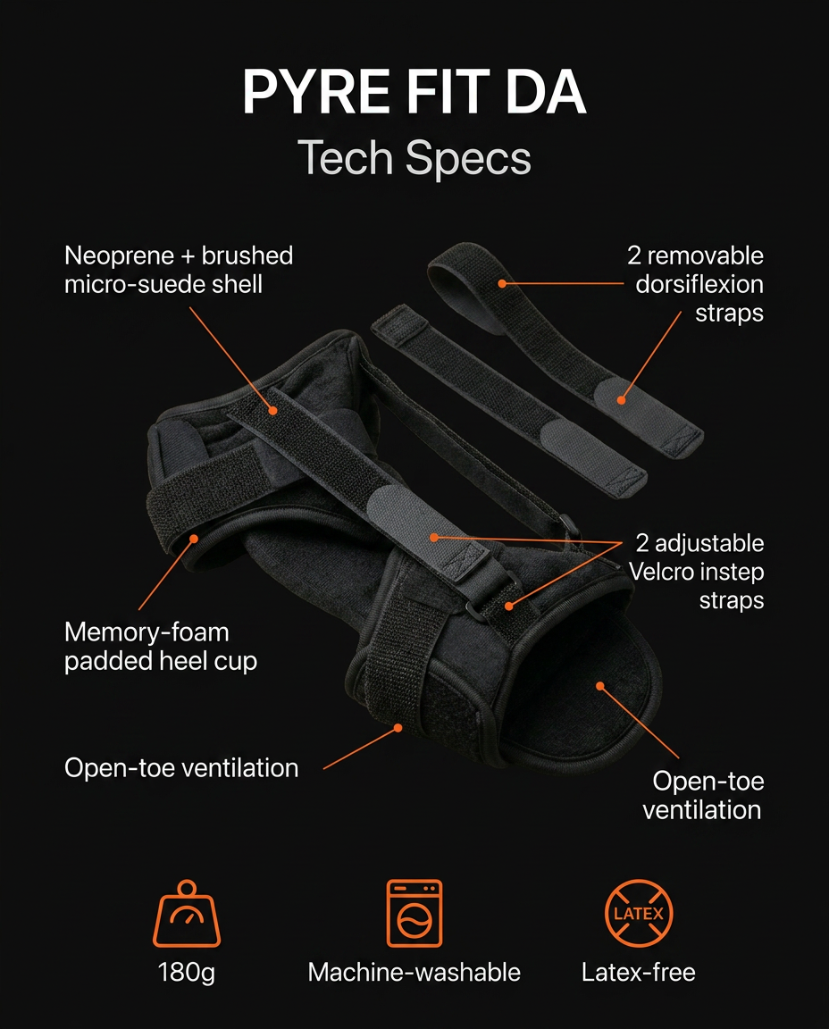 Foot brace specs: neoprene shell, dorsiflexion straps, memory-foam heel