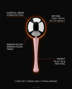 Spec sheet detailing the roller's surgical steel, polish and cool-touch temperature