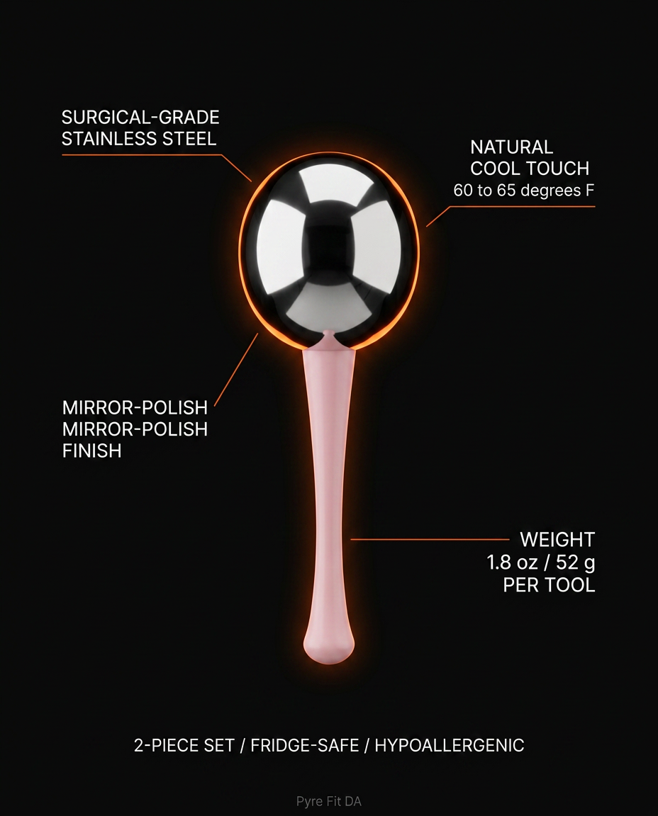 Spec sheet detailing the roller's surgical steel, polish and cool-touch temperature
