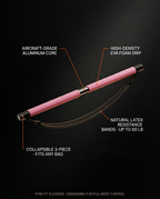 Spec infographic showing aluminum core, EVA foam grip and latex bands