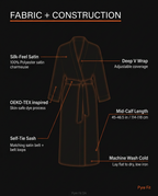 Fabric and construction graphic: silk-feel satin, deep V wrap, self-tie sash