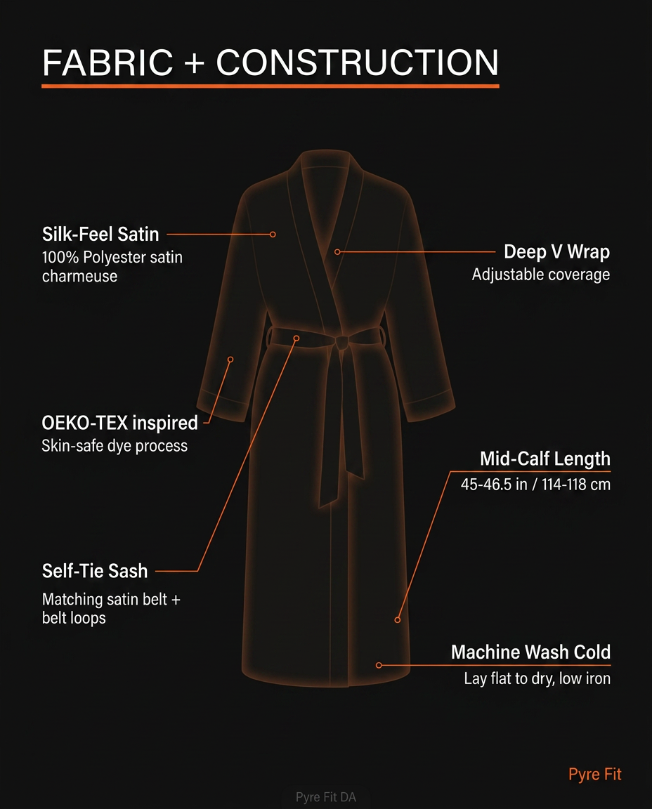 Fabric and construction graphic: silk-feel satin, deep V wrap, self-tie sash