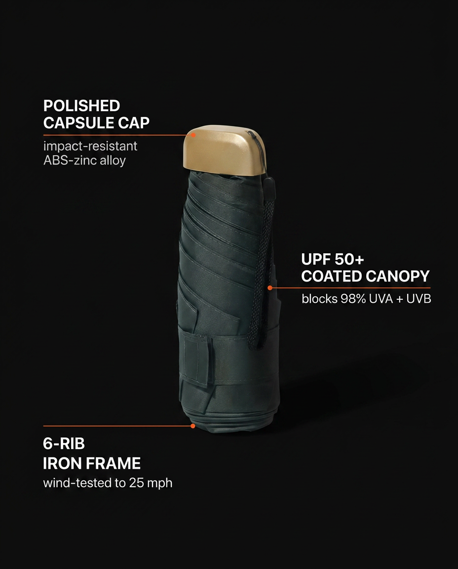 Spec graphic labeling the capsule cap, UPF 50+ canopy and 6-rib frame