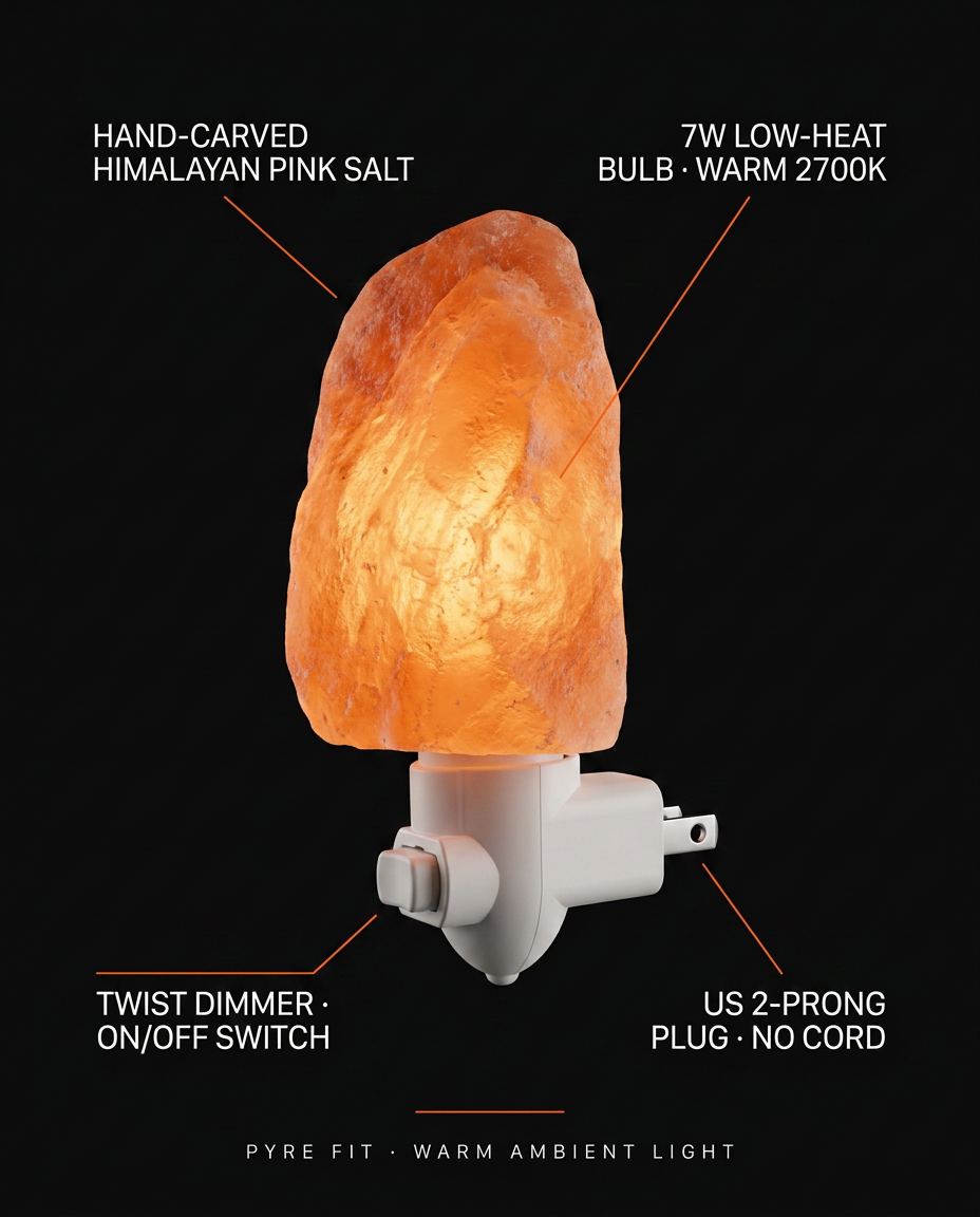Infographic noting the salt lamp's hand-carved crystal, dimmer and 7W bulb