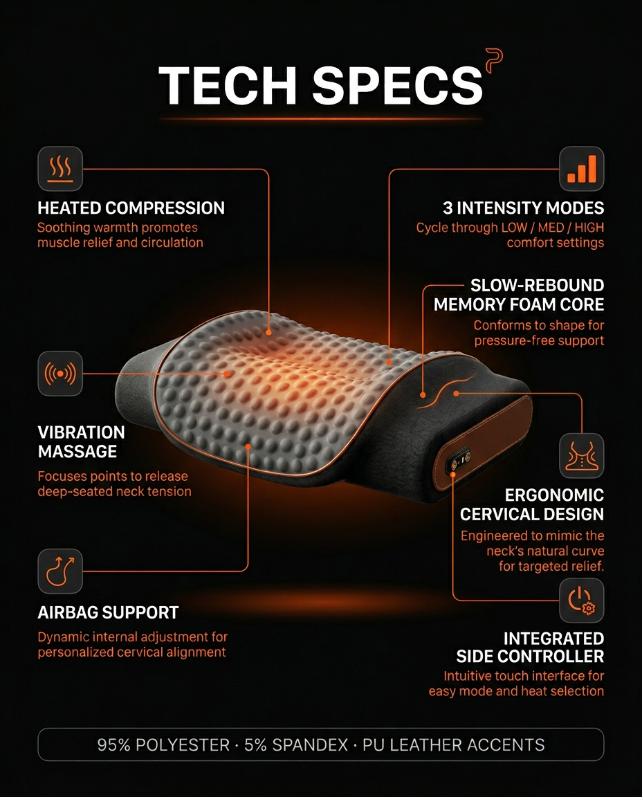Tech specs infographic with heated compression, vibration massage and foam core callouts