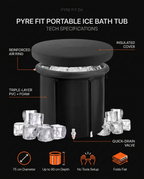 Tech specs diagram of the ice bath tub with insulated cover and drain valve