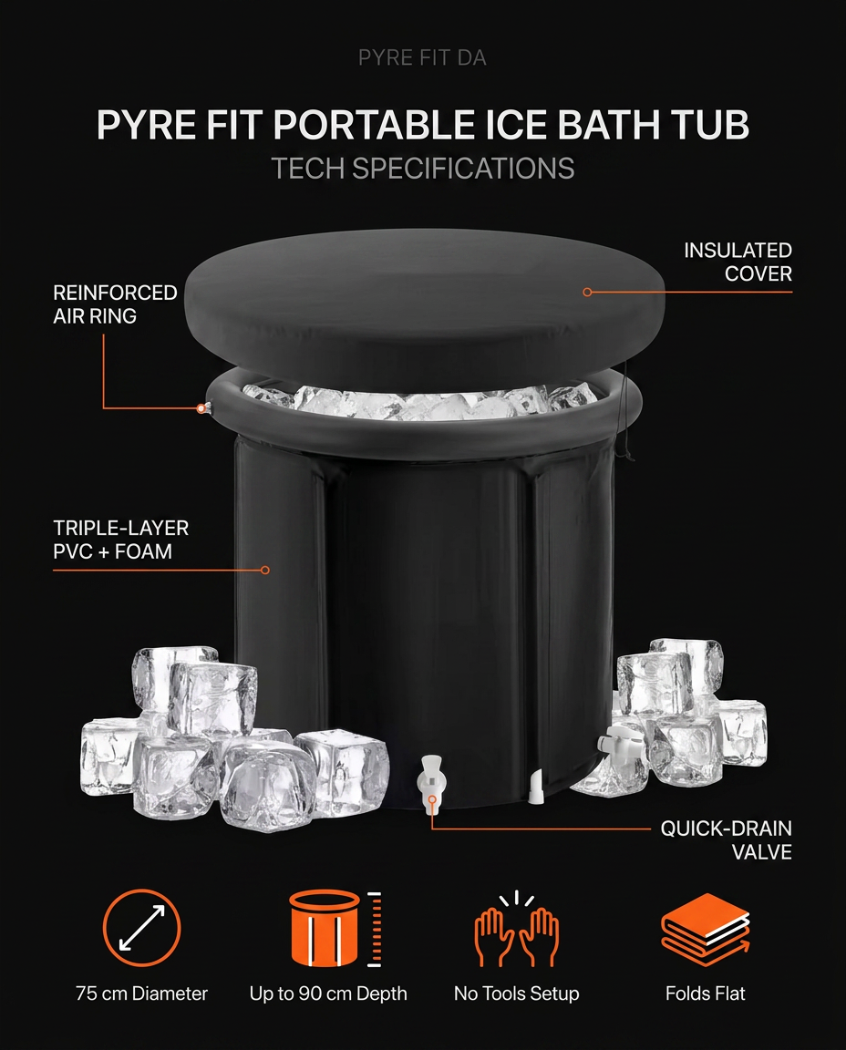 Tech specs diagram of the ice bath tub with insulated cover and drain valve