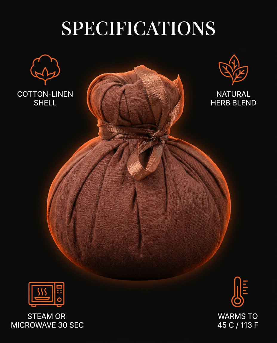 Herbal compress specs: cotton-linen shell, herb blend, microwave heating