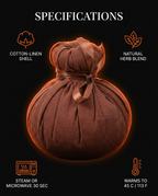 Herbal compress specs: cotton-linen shell, herb blend, microwave heating