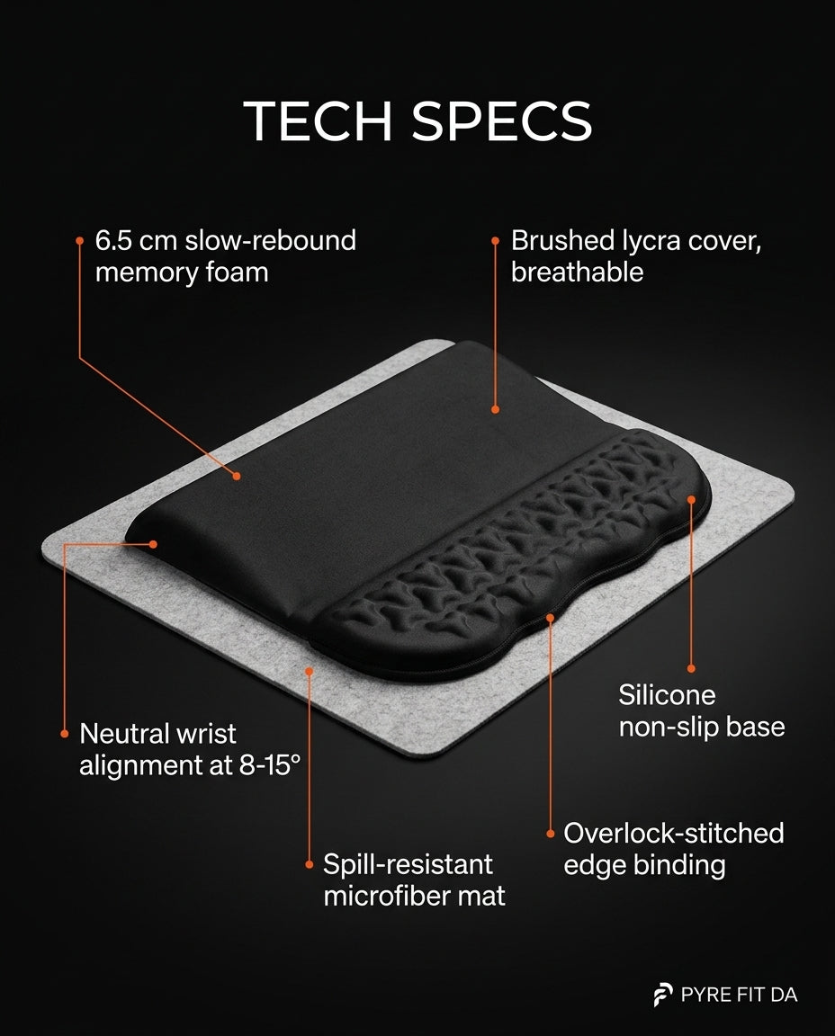 Spec sheet detailing the wrist pad's memory foam, lycra cover and non-slip base