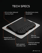 Spec sheet detailing the wrist pad's memory foam, lycra cover and non-slip base