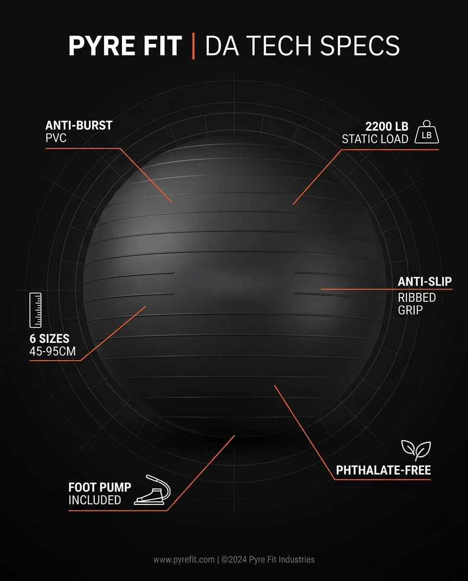 Tech specs infographic listing anti-burst PVC, load rating and ball features