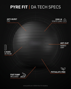 Tech specs infographic listing anti-burst PVC, load rating and ball features