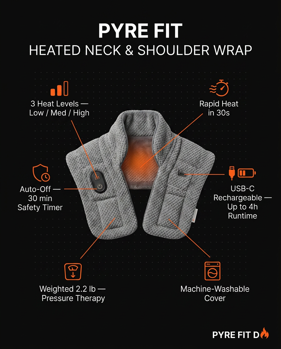 Pyre Fit infographic detailing heat levels, USB-C charging, timer and weight specs