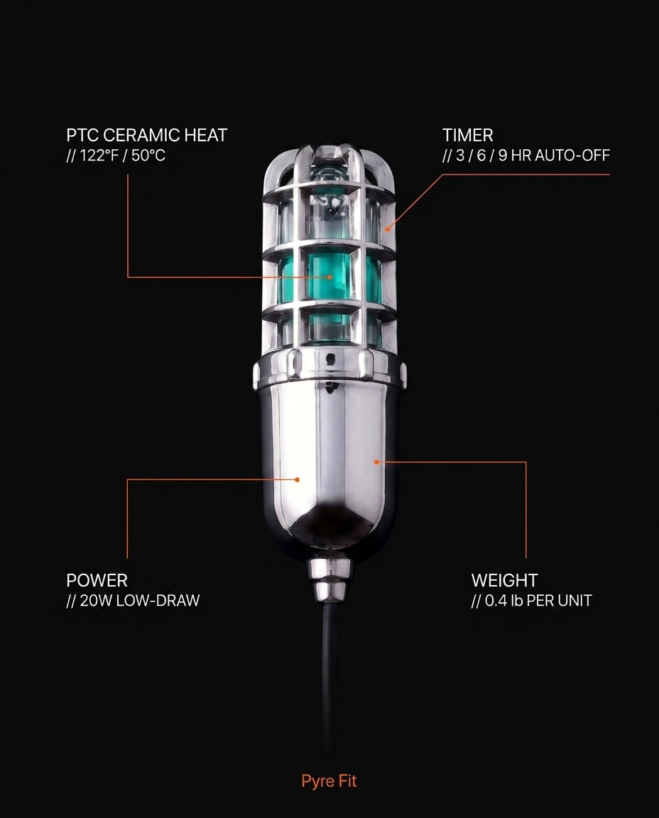 Tech specs of the shoe dryer: PTC heat, timer, power and weight callouts