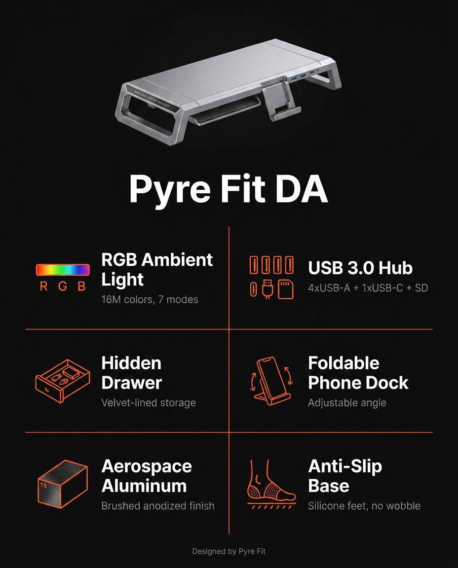 Tech specs infographic listing RGB, USB hub and drawer features of the stand