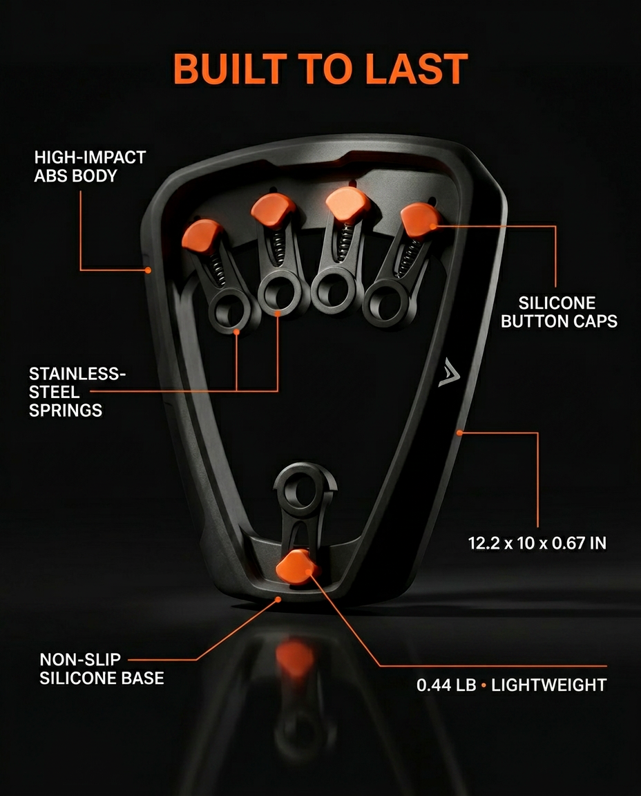 Tech specs of the finger trainer with labeled ABS body, springs and dimensions