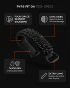 Tech specs infographic listing the back scrubber's silicone backbone and features