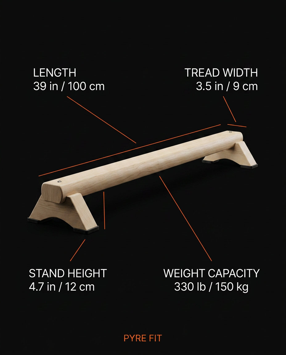 Size chart with length, tread width and weight capacity for the balance beam