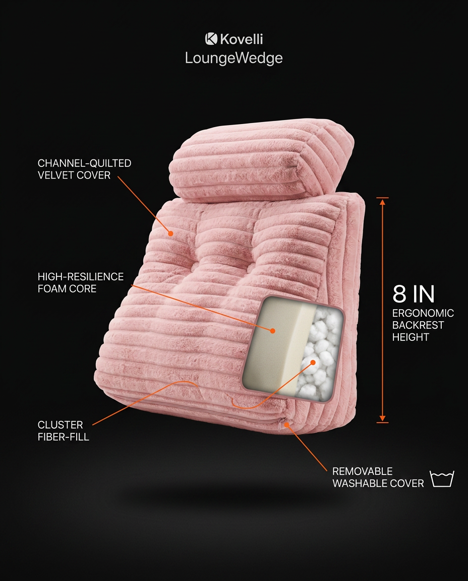 Tech specs infographic of the LoungeWedge reading pillow with feature callouts