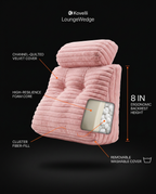 Tech specs infographic of the LoungeWedge reading pillow with feature callouts