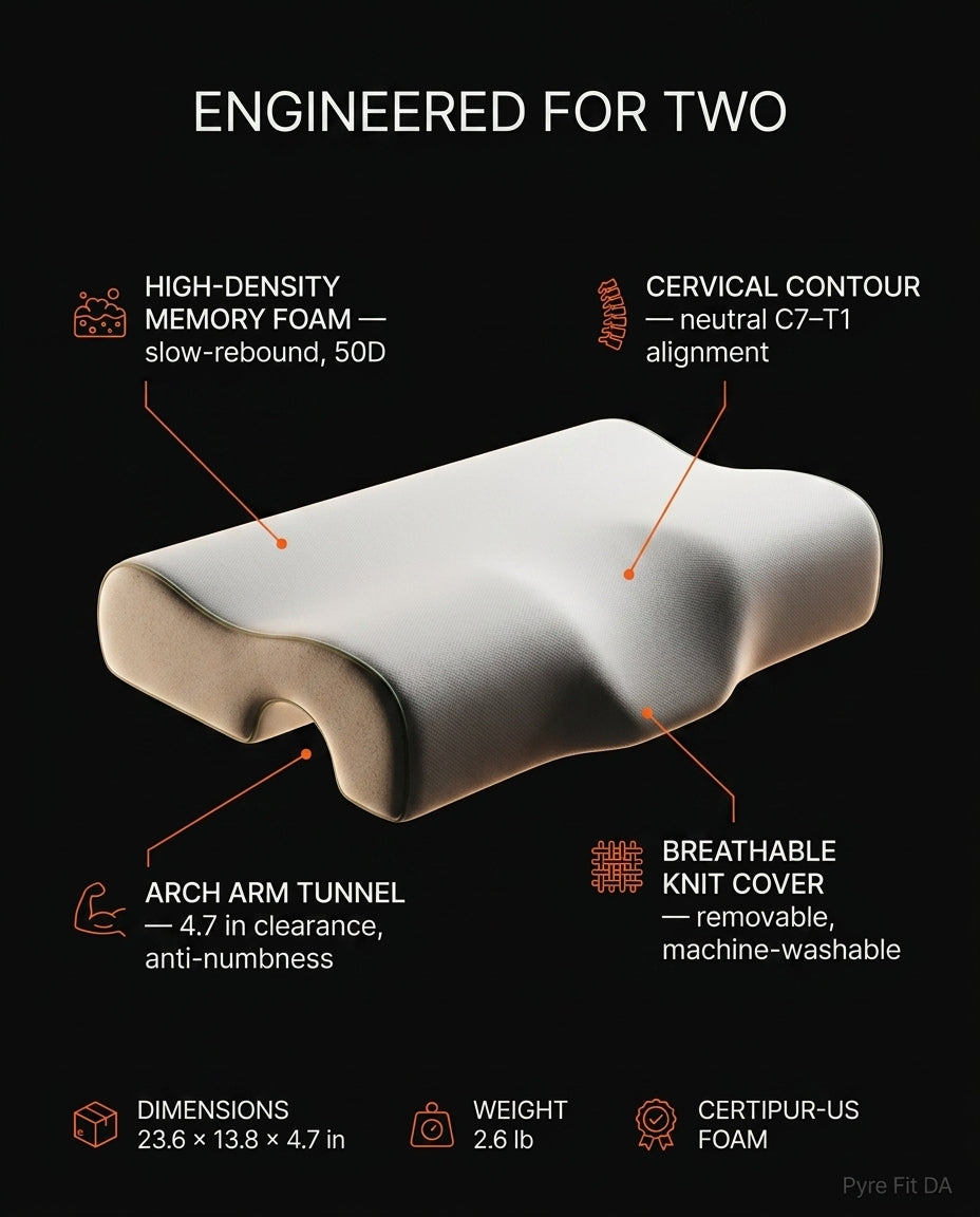 Feature infographic of the couples pillow with arm tunnel and cervical contour