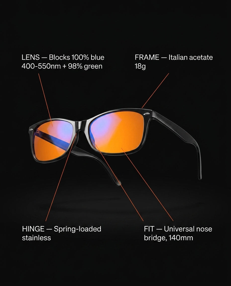 Spec diagram of blue light glasses lens, acetate frame, hinge and fit