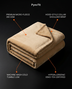 Folded tan wearable blanket with labeled micro-fleece fabric features