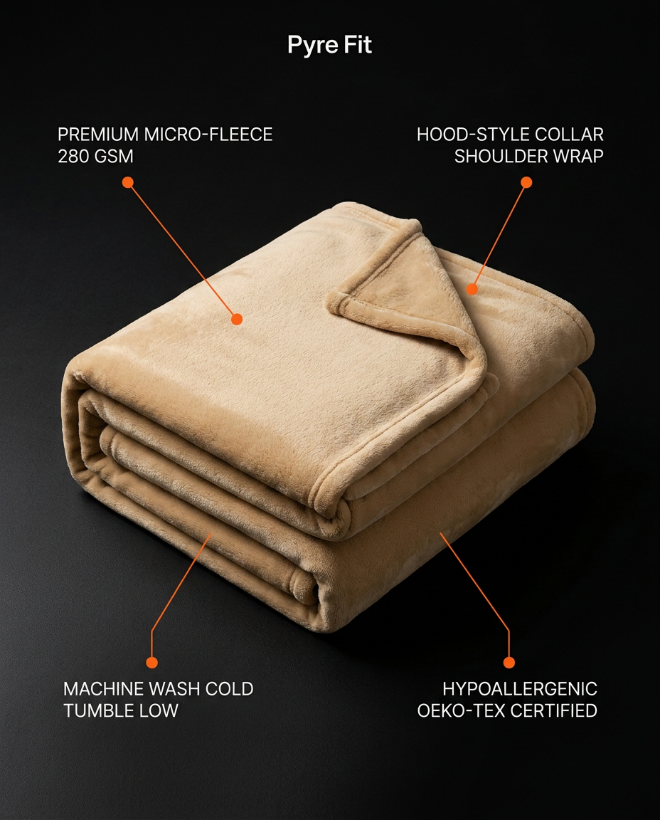 Folded tan wearable blanket with labeled micro-fleece fabric features