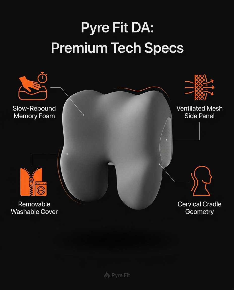 Neck cushion tech specs: slow-rebound foam, mesh panel, washable cover, cradle