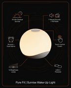 Tech specs infographic of the wake-up light sunrise, sounds and alarm features