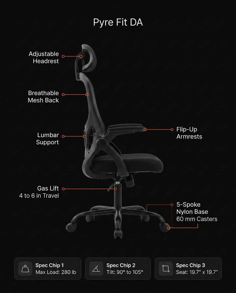 Tech specs of the office chair: headrest, mesh back, lumbar, gas lift, casters