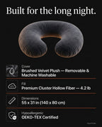 Body pillow tech specs listing velvet cover, fiber fill and dimensions