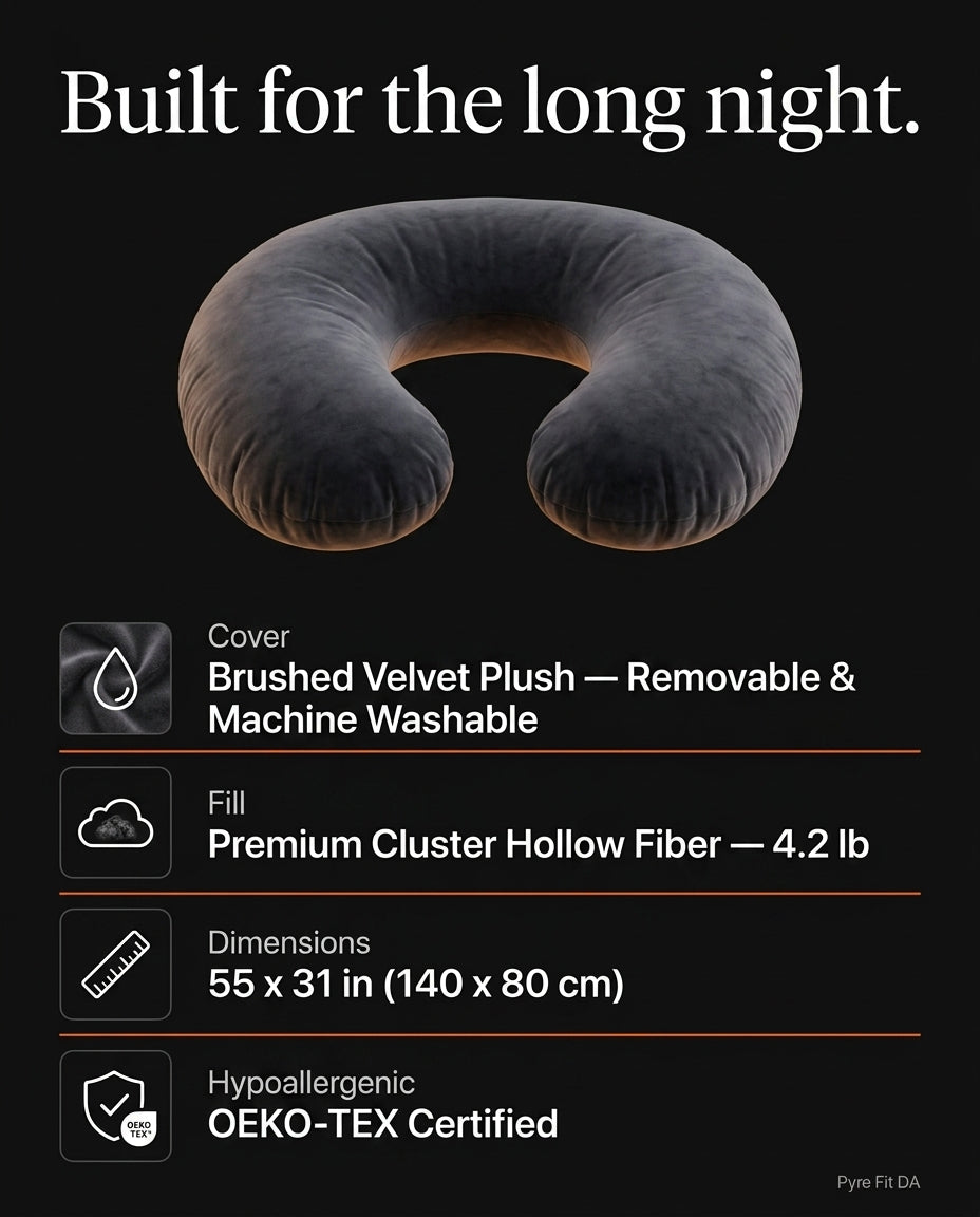Body pillow tech specs listing velvet cover, fiber fill and dimensions