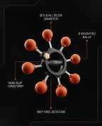 Spec infographic: 11.8 in diameter, 8 weighted balls, 360-degree free rotation