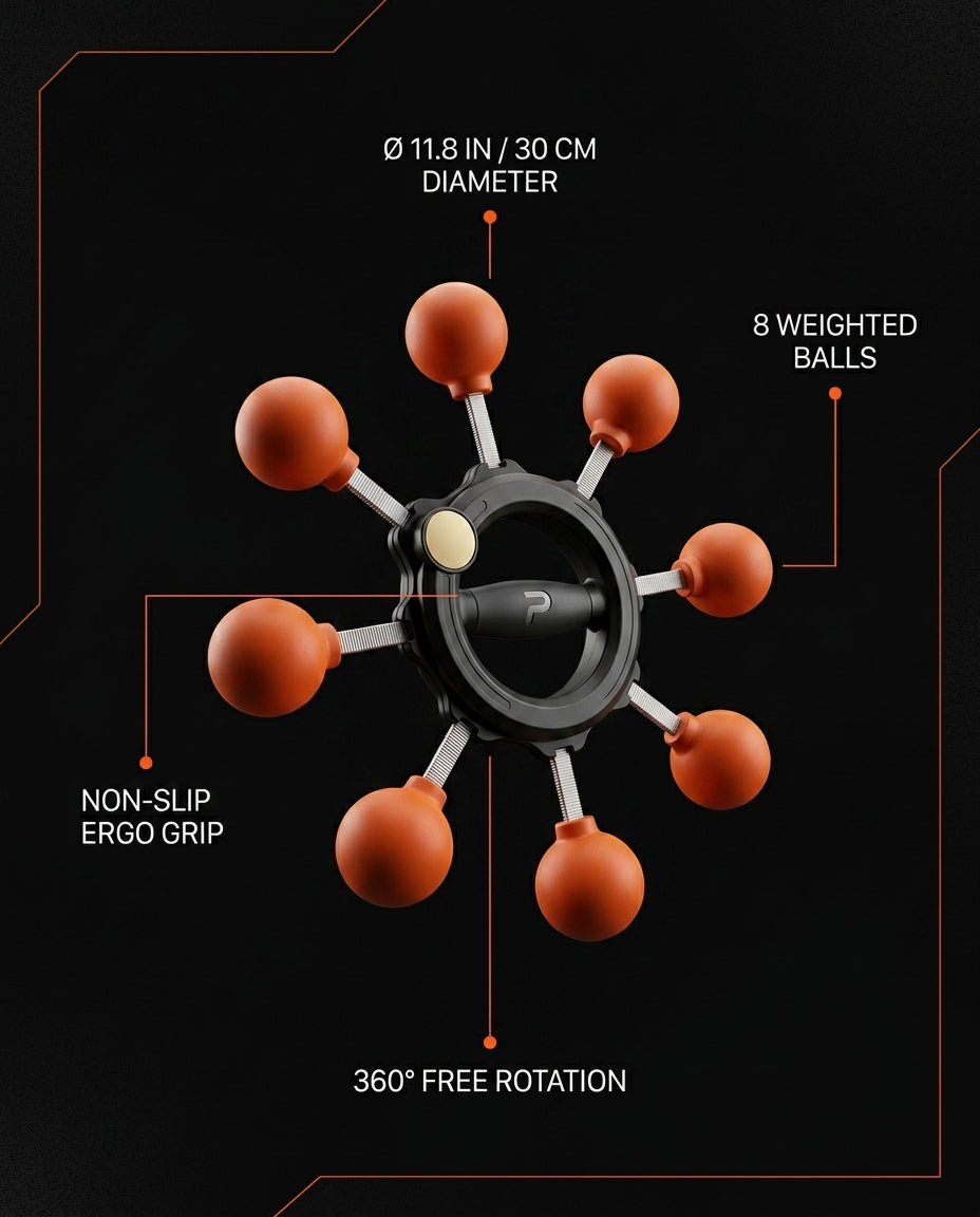 Spec infographic: 11.8 in diameter, 8 weighted balls, 360-degree free rotation